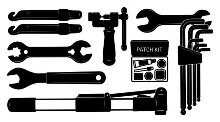 A flat design vector shows silhouette bicycle repair tools including pump wrenches hex keys tire levers and patch kit for branding social media and print use vibrantのイラスト素材