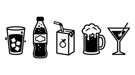 A flat line art icon set depicts five beverages including iced glass soda bottle juice box beer mug and martini with olive for menus and apps livelyのイラスト素材