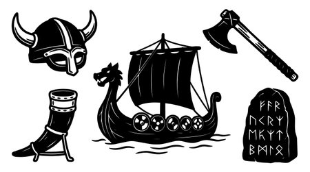 Bold tattoo flash vector depicts viking longship helmet ax horn and rune stone used in apparel branding posters and editorial design ruggedのイラスト素材
