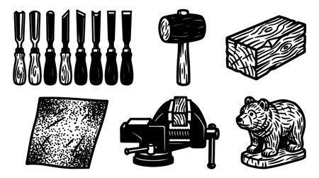 A woodcut inspired vector depicts chisels mallet wood block sandpaper and bench vise around a carved bear figure in high contrast line art rusticのイラスト素材