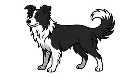 A playful vector cartoon border collie stands in three quarter view with black and white fur and a fluffy tail suited to logos apparel and pet branding cheerfulのイラスト素材