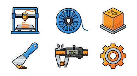 Playful flat design vector set depicts 3d printing tools including printer filament reel caliper...