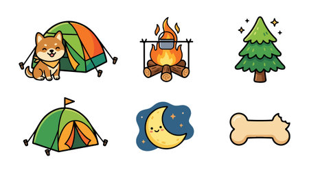 A playful flat vector set shows a smiling shiba by a tent campfire moon tree and bone for camping stickers social media icons vibrantのイラスト素材