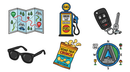 Playful flat vector set shows map gas pump car keys sunglasses chips and compass for travel branding...