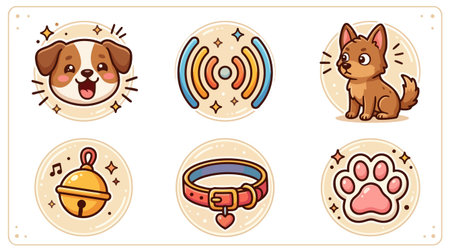 A playful vector badge set depicts six dog themed icons including smiling puppy sitting collar bell paw and sound waves in pastel warm beige tones playfulのイラスト素材