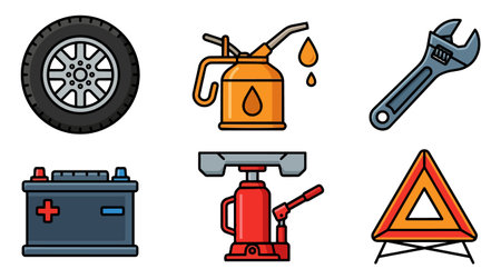 A flat design icon set depicts car maintenance tools including tire oil can wrench battery jack and warning triangle ideal for garage signage app interfaces and manuals vibrantのイラスト素材