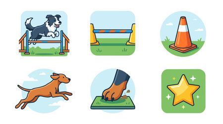 Playful flat vector icons depict dogs navigating agility obstacles including jumping hurdles cones and paw contacts for training apps branding and pet sport designs vibrantのイラスト素材