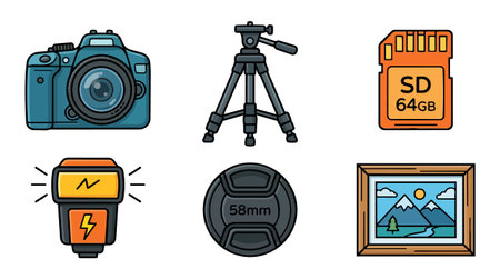 Colorful flat design vector displays camera dslr tripod flash sd card lens cap and framed landscape...