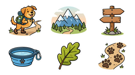 A playful vector art set shows a golden hiking dog, mountain scene, signpost, paw trail and bowl, suitable for outdoor branding and stickers.のイラスト素材