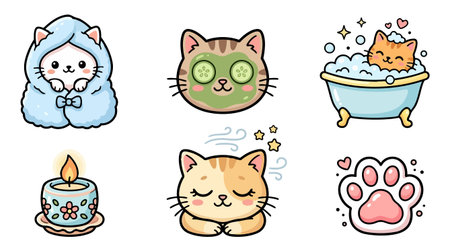 A charming kawaii vector set depicts six spa themed cats with cucumber mask, bubble bath, candle and paw icon, used for branding and social media, soothing.のイラスト素材