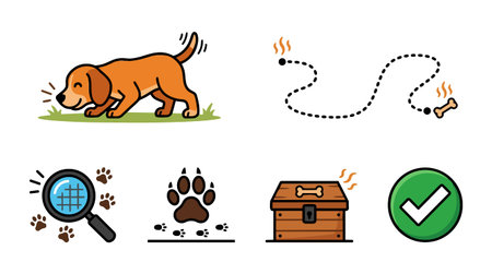 Playful flat design vector shows an orange dog tracking a scented dashed trail with paw prints, magnifier and chest, suited for pet apps, icons, and educational graphics, cheerfulのイラスト素材