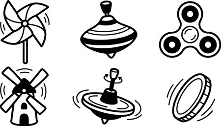 A clean line art vector set depicts six spinning toys with motion lines for icons, stickers, educational materials, and playful graphic resources, energetic.のイラスト素材