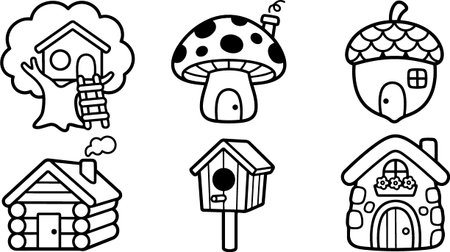 A whimsical kids doodle set displays six black line house icons treehouse, mushroom, acorn, log cabin, birdhouse, cottage for stickers, childrens books, and app icons, playful.のイラスト素材