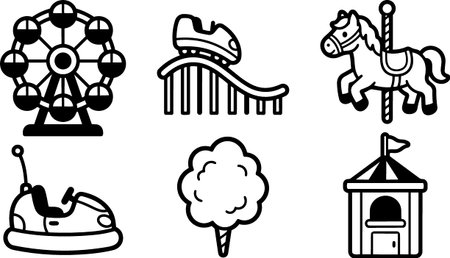 A line art flat design collection of six amusement park icons depicts rides and treats for signage, apps, print materials and playful family entertainment branding, cheerful.のイラスト素材