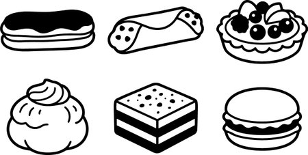 A flat design vector icon set shows six monochrome pastry silhouettes for menus, packaging and web...