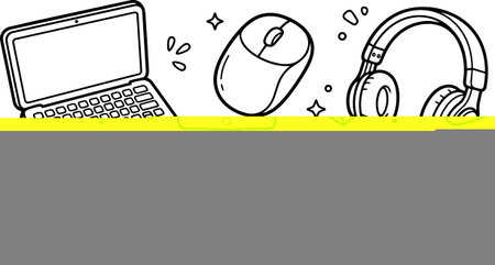 A hand drawn line art composition shows top view tech gadgets including laptop, tablet, mouse, headphones, smartwatch and usb, useful for icons and stickers, playful.のイラスト素材