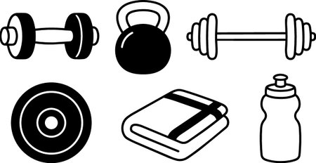 Minimal flat line art vector displays gym equipment icons including kettlebell, dumbbell, barbell, plate, towel and bottle, useful for fitness branding and app design, clean.のイラスト素材