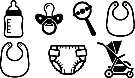 Minimal line art vector displays eight baby care icons including bottle, pacifier, rattle, bibs, diaper and stroller, for apps, labels and parenting guides, clean playfulのイラスト素材