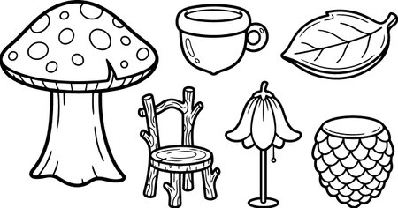 Playful hand drawn line art depicts a spotted mushroom, twig chair, teacup, leaf, bell shaped lamp and pinecone for stickers and children crafts, whimsicalのイラスト素材