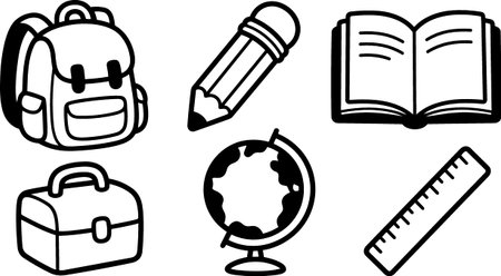 A bold line art vector set depicts six school iconsのイラスト素材