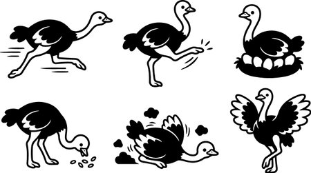 Playful line art vector presents six ostrich action iconsのイラスト素材