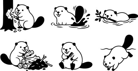 Playful flat line art collection depicts a smiling beaver in six actionsのイラスト素材
