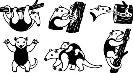 Playful tattoo flash vector set depicts anteaters climbing, resting, and feeding with long tongues; Suitable for logos, apparel, stickers, and animal education graphics, bold.のイラスト素材