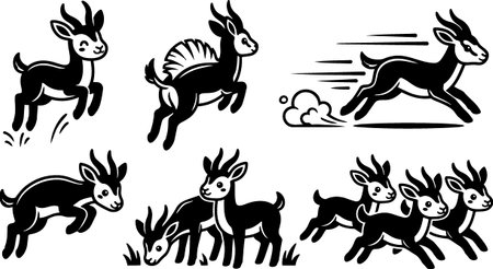 Playful tattoo flash collection of goat kids in running, jumping and grazing poses presented as bold black vector line art, useful for logos and stickers, lively.のイラスト素材