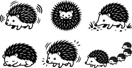 A playful line art vector collection depicts six hedgehog poses with clean black strokes, simple silhouettes, and expressive motion lines, usable for stickers, icons, children print, whimsicalのイラスト素材