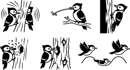 A vector icon collection depicts woodpeckers pecking, feeding and flying around tree trunks in flat black and white silhouette style, suitable for logos and signage, bold.のイラスト素材