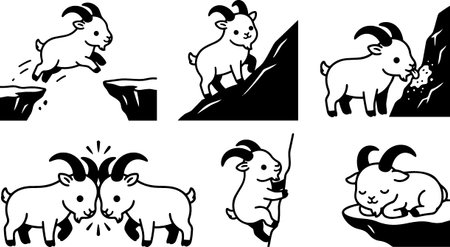 A minimalist line art collection depicts six playful mountain goat kids performing actions including jumping, climbing, grazing, headbutting and sleeping, presented as charming versatile icons.のイラスト素材