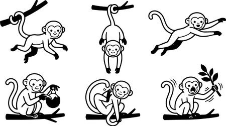 A line art vector collection depicting six playful monkeys in varied poses, suitable for logos, stickers, childrens books and educational materials, cheerful and lively.のイラスト素材
