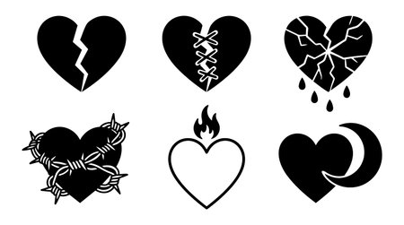 Bold black and white vector icons show symbolic hearts in styles including broken, stitched, bleeding, and entwined with barbed wire alongside flame and crescent moon designs, conveying emotion.のイラスト素材