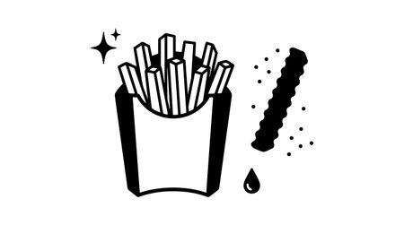 A simple black and white vector artwork depicting a container of crispy french fries alongside a...