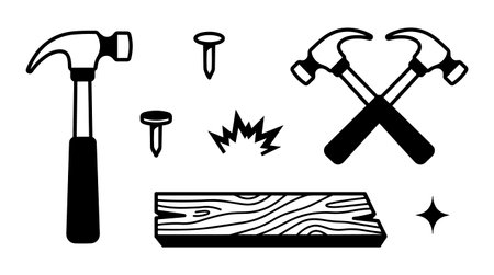 Black silhouette icons depict hammers crossed and separate with nails and a wooden plank symbolizing carpentry and construction work in minimalist vector style with clean lines and sharp contrast.のイラスト素材