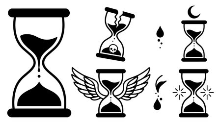A collection of minimalist black hourglass icons featuring a skull in broken timer wings crescent moon and sparkle elements in clean vector style suitable for digital and print projects elegant.のイラスト素材