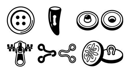 A set of black and white flat design vector icons featuring various clothing fasteners such as buttons, zipper sliders, hooks, and clasps with clean outlines and simple shapes.のイラスト素材