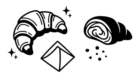 Minimalist black and white vector shows a crescent croissant and a rolled pastry with scattered seasoning crumbs in a simple line art style with clean contrast.のイラスト素材