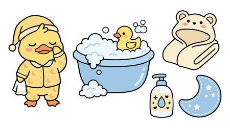 A cute baby duck in yellow pajamas is rubbing its eyes next to a blue bathtub full of bubbles with a rubber duck inside and accompanied by soap dispenser and moon cushion with teddy bear hooded towel in soft pastel colors expressing bedtime comfortのイラスト素材