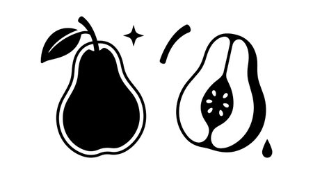 Minimalist vector art showing a whole papaya fruit with leaf alongside a sliced papaya revealing seeds emphasizes clean shapes and bold contrast in black and white styleのイラスト素材