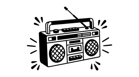 A black and white vector illustration showing a vintage cassette tape radio with antenna emitting sound waves in a minimalist style perfect for retro music and technology designs.のイラスト素材