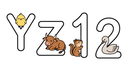 Playful vector art of various cute animals perched on outlined alphabet letters and numbers including a chick, ox, squirrel, and swan in simple flat style bright and friendly.のイラスト素材