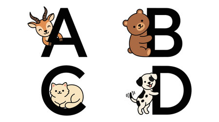 Playful cartoon animals including a goat, bear, cat, and dog interact with large black alphabet letters abc and d in a colorful educational vector illustration for kids learning.のイラスト素材