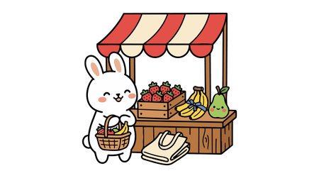 Adorable white bunny happily holding a basket filled with bananas and strawberries at a wooden fruit market stall with smiling pear and fresh produce in playful flat design styleのイラスト素材