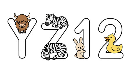 Playful vector art showcasing a bison on letter y, two sleeping zebra puppies on letter z, a bunny near number one, and a cheerful duck by number two in a simple cartoon style vibrant and funのイラスト素材