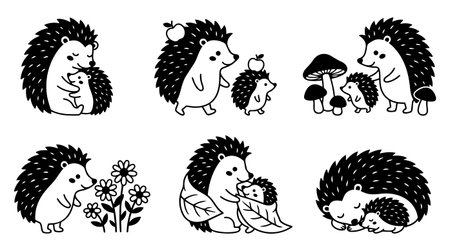 Adorable black and white line art shows a hedgehog family with apples mushrooms flowers and leaves in various poses including sleeping and hugging peaceful and charming.のイラスト素材