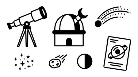 Flat design icons showing a telescope on tripod, observatory dome with telescope, planet planet document, comet, asteroid, moon phase, and star cluster in simple black vector art style.のイラスト素材