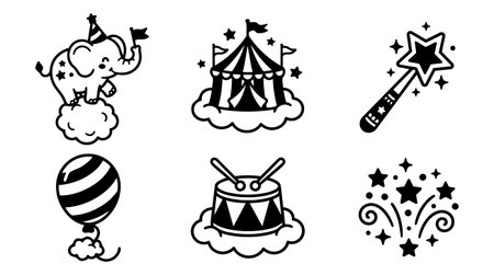 A set of black and white circus themed icons featuring an elephant on cloud, drum with sticks, striped balloon, star wand, circus tent on cloud, and star fireworks in simple line art style.のイラスト素材