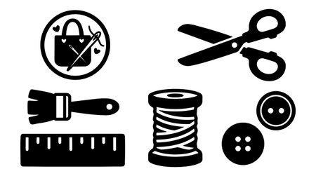 Vector art displaying black silhouette icons of sewing tools including scissors, thread spool, ruler, brush, buttons, and a handbag with a needle inside a circle design for crafting projects.のイラスト素材