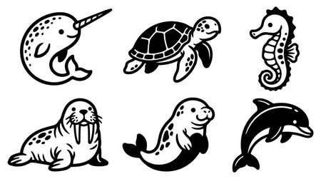 A collection of cute sea animals including a smiling narwhal turtle seahorse walrus seal and dolphin drawn in simple black and white vector style with playful expression.のイラスト素材
